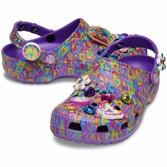 Crocs x Lisa Frank rainbow groovy heart bejeweled slide croc jibbitz - Picture 2 of 12